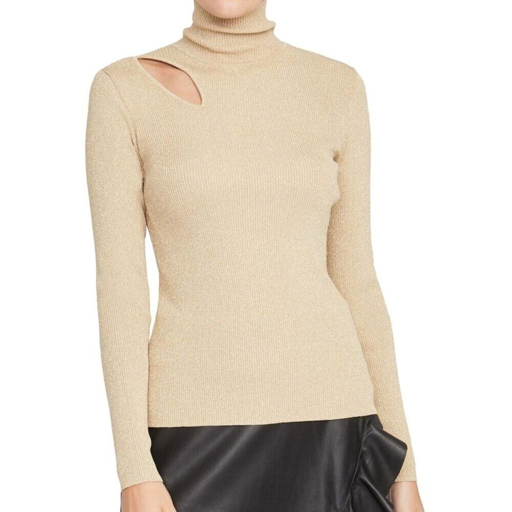 Rachel Roy Cut Out Sweater Fitted Ribbed Gold Metallic S NWT